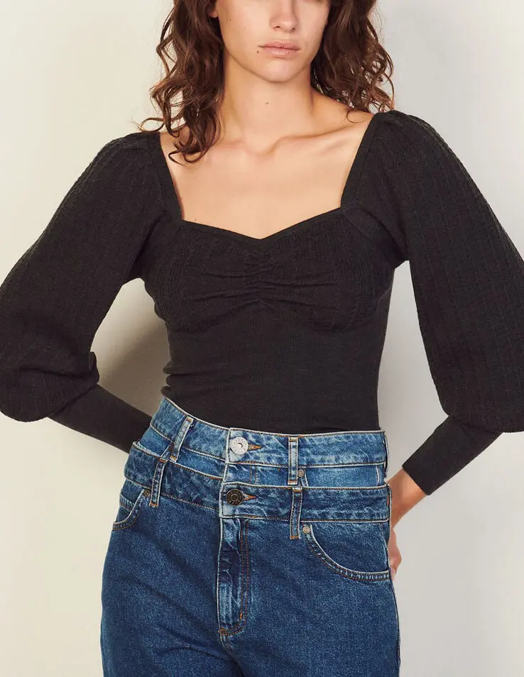 Sandro Cropped sweater with sweetheart neckline. 1
