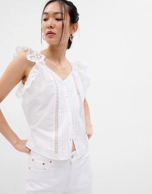 Ruffle Sleeve Eyelet Shirt white