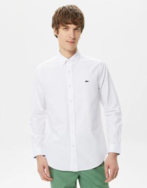 Erkek Slim Fit Düğmeli Yaka Beyaz Gömlek