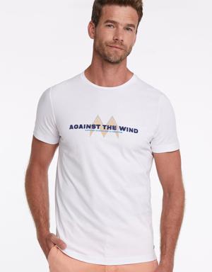 Baskı Logolu Kırık Beyaz Bisiklet Yaka T-Shirt