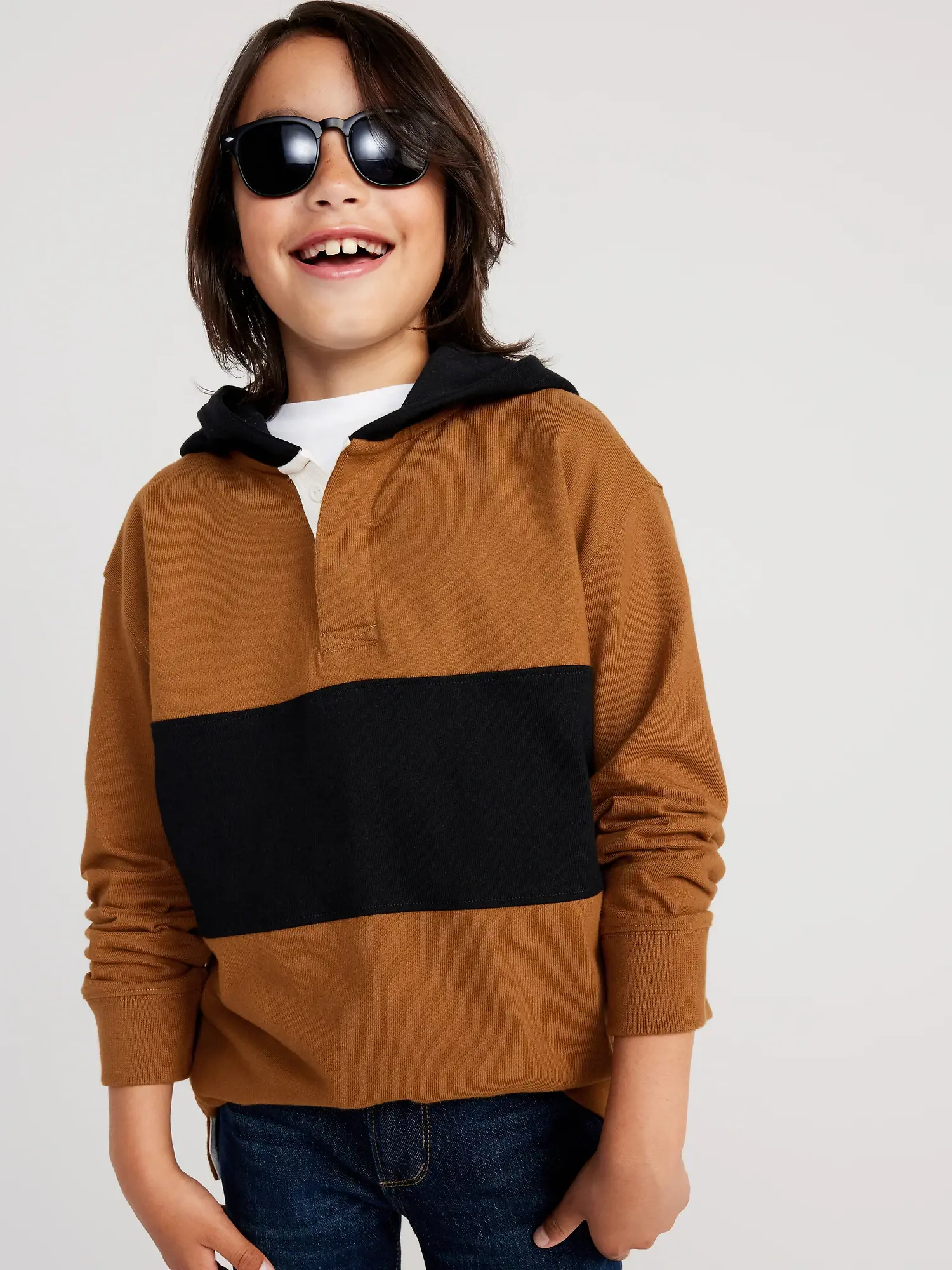 Old Navy Long-Sleeve Hooded Rugby Polo Shirt for Boys brown. 1