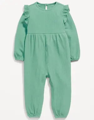 Long-Sleeve Rib-Knit Ruffle-Trim Jumpsuit for Baby green