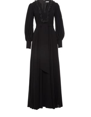 Embroidered Pleated Black Dress With Collar Detail
