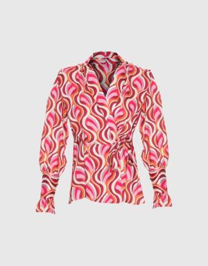 Shoulder Detail Side Tie Contrast Pattern Waisted Fuchsia Blouse