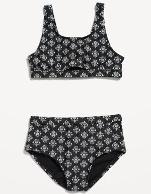 Patterned Scoop-Neck Bikini Swim Set for Girls black