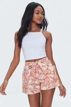 Forever 21 Forever 21 Tropical Leaf Print Belted Shorts Peach /Multi. 2