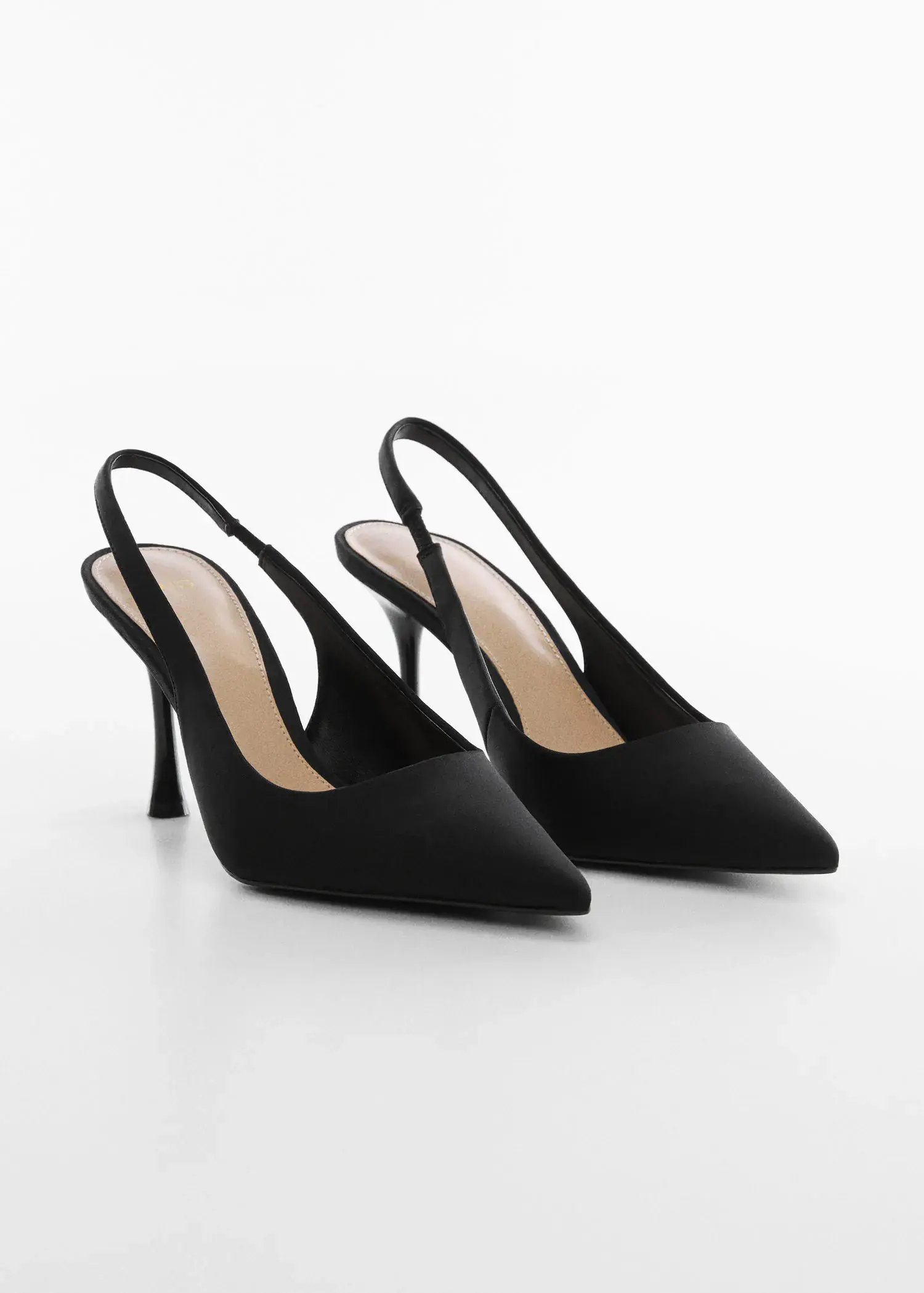 Mango High-heeled shoes. a pair of black high heels on a white surface. 