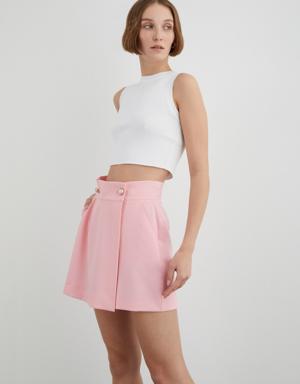 Pink Shorts Skirt with Pearl Gold Button Detail