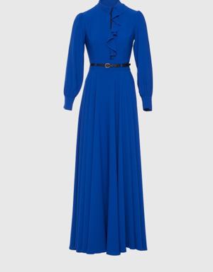 Belt Detailed Navy Blue Long Dress