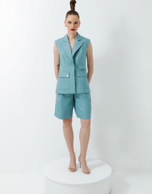 Blue Suit With Pocket Detailed Vest and Short