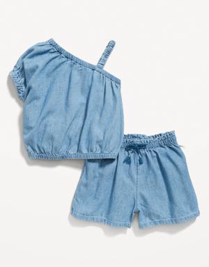 Chambray One-Shoulder Top & Shorts Set for Toddler Girls blue