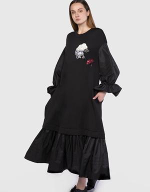 Embroidered And Balloon Sleeve Detailed Sweatshirt Black Dress