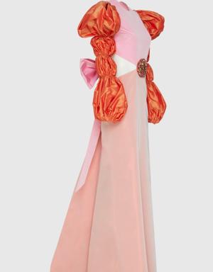 Decollete Waist and Embroidered Detailed Pink Long Dress