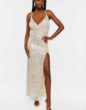 Forever 21 Sequin Surplice Maxi Dress Silver