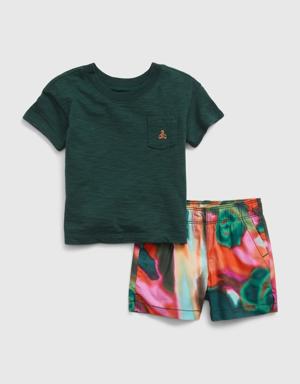 Baby Pocket T-Shirt & Printed Shorts Outfit Set multi