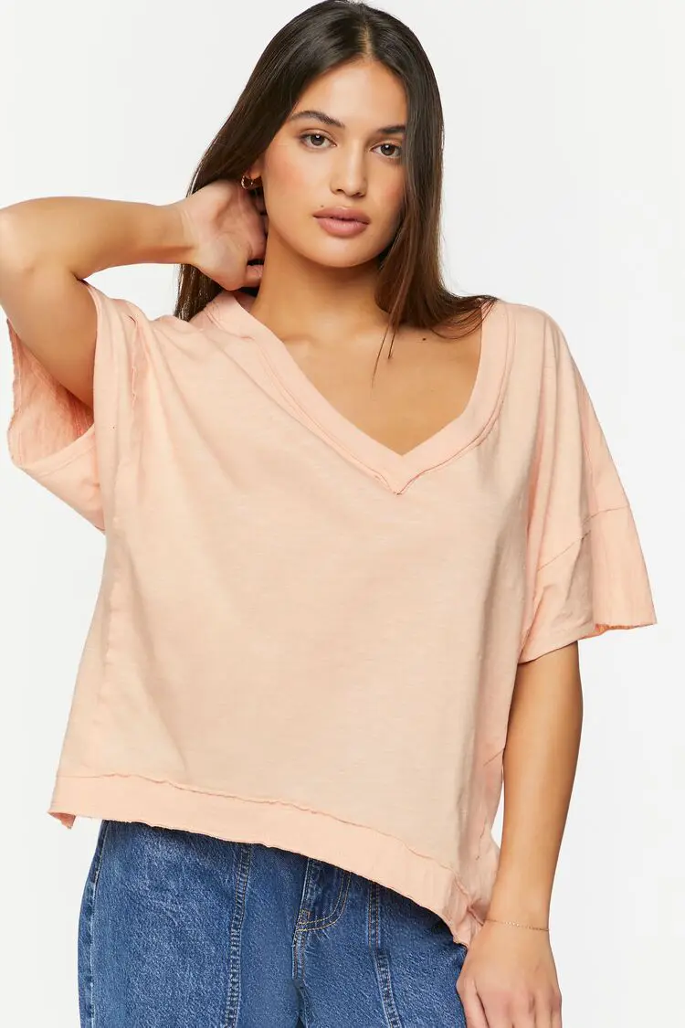 Forever 21 Forever 21 V Neck Drop Sleeve Top Tropical Peach. 1