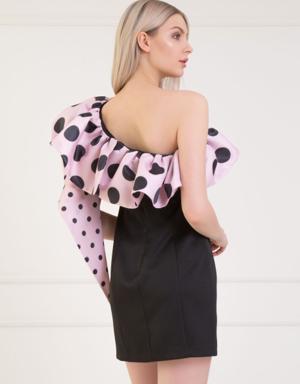 One Shoulder Polka Dot Pink Dress With Flounce Sleeves Detailed