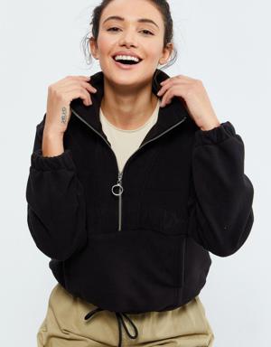 Siyah Yarım Fermuar Etek Ucu Büzgülü Kadın Polar Oversize Sweatshirt - 97171