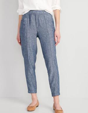 High-Waisted Chambray Cropped Linen-Blend Tapered Pants for Women blue