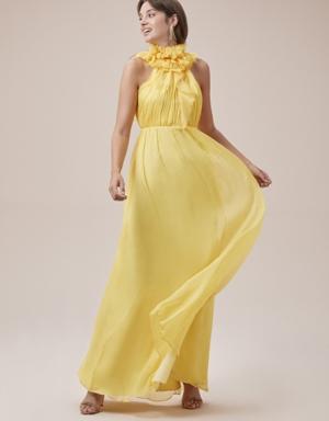Sarı Fırfırlı Halter Yaka Sırt Dekolteli Şifon Uzun Elbise