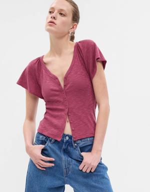 Gap Essential Rib Flutter Sleeve Button-Front Top pink