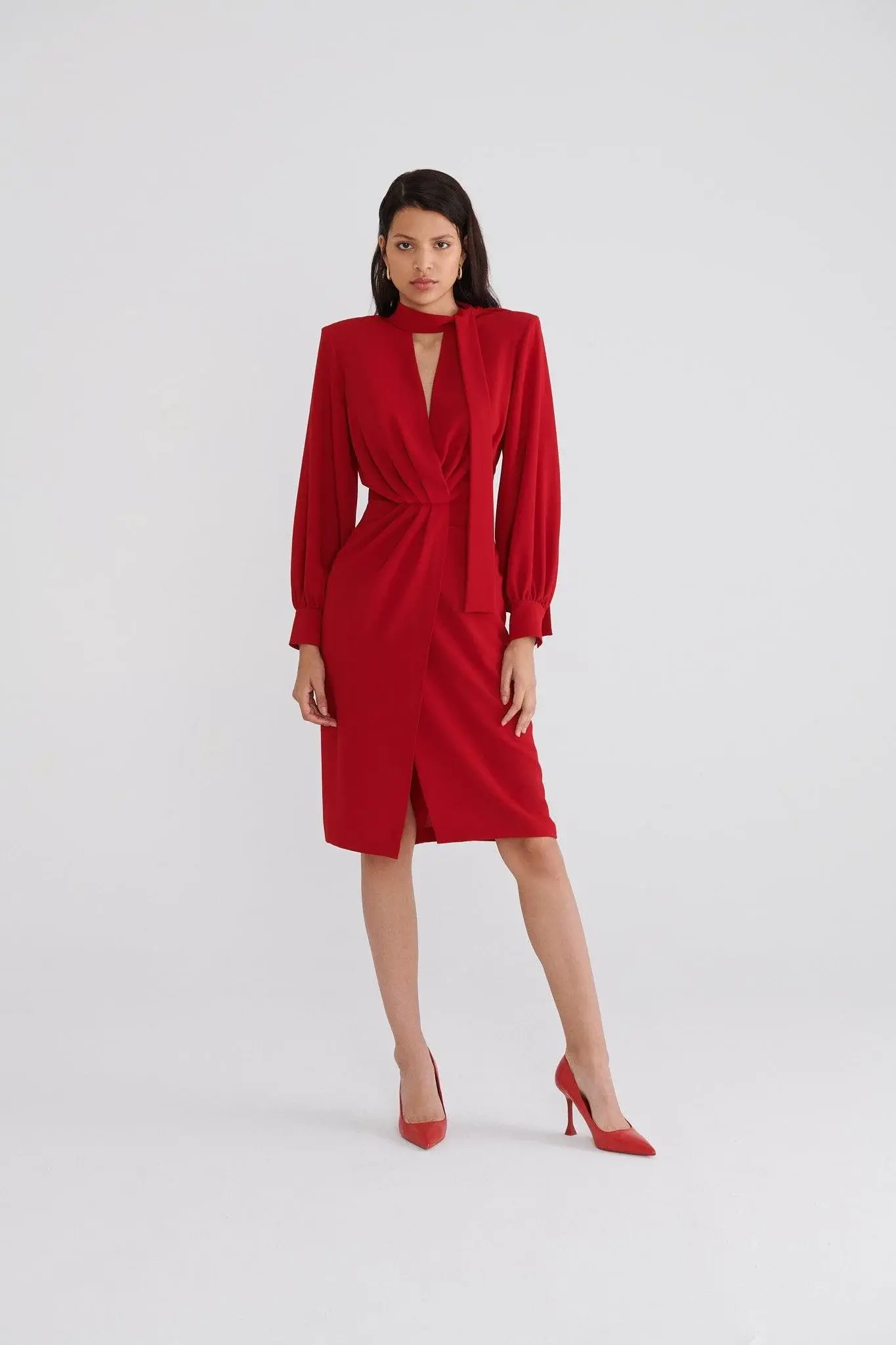 Roman Red Slit Puff Full Sleeve Dress - 4 / Red. 1