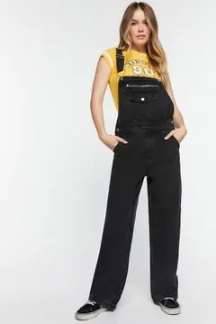 Forever 21 Forever 21 Denim Zip Pocket Straight Leg Overalls Black. 2