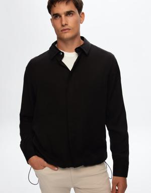 Tween Relaxed Siyah Düz %100 Tencel Etek Ucu Bağcıklı Gömlek