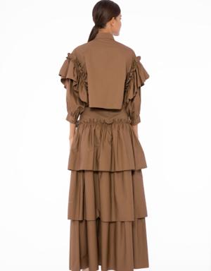 Embroidered Detail, High Waist Corsage, Pleated Layer Brown Long Skirt