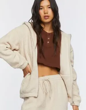 Forever 21 Faux Shearling Zip Up Hoodie Cream