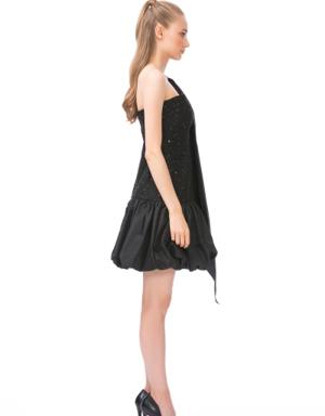 One-Shoulder Bow Balloon Skirt Lace Mini Dress
