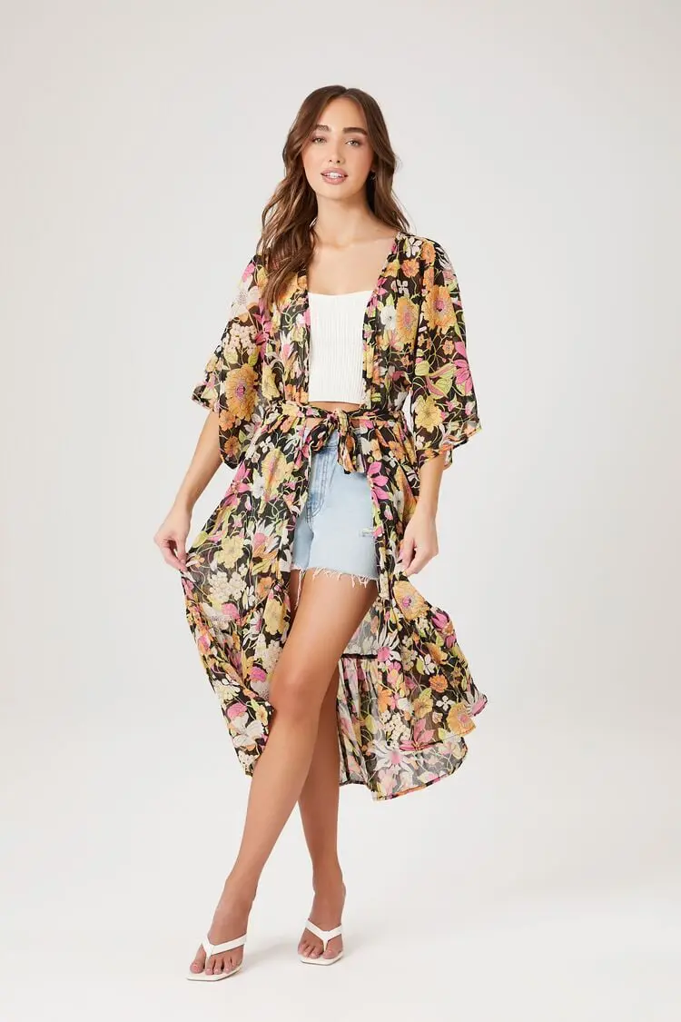 Forever 21 Forever 21 Sheer Floral Print Kimono Black/Multi. 1