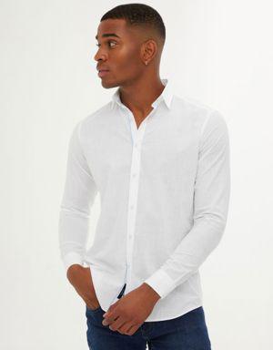Beyaz Slim Fit Düz 100% Pamuk Uzun Kol Spor Gömlek
