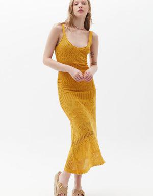 Sarı Ajurlu Triko Elbise