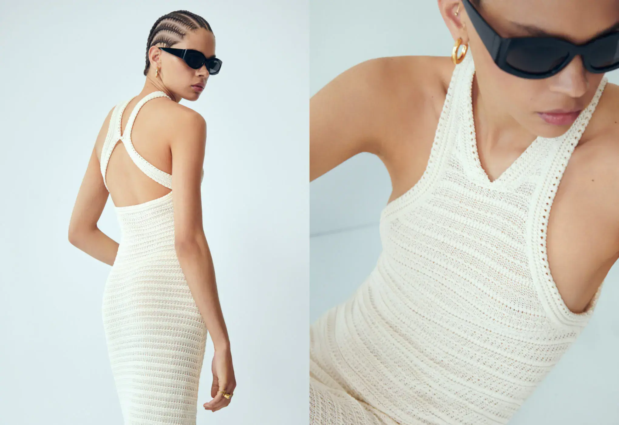 Mango Halter-neck crochet dress. a woman wearing a white dress and sunglasses. 