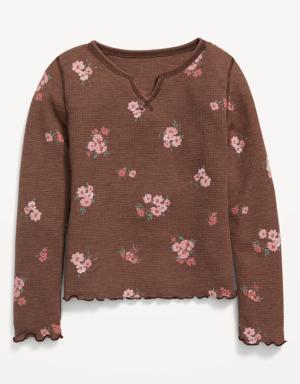 Thermal-Knit Long-Sleeve Printed Lettuce-Edge T-Shirt for Girls brown