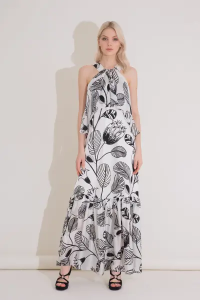 Gizia Ruffle Detailed Patterned Long Ecru Silk Dress. 3