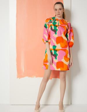 Poplin Fuchsia Dress With Embroidery Detail Box Form Pattern