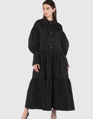 Wide Collar Long Poplin Black Dress