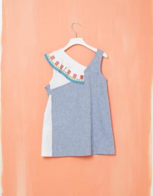 Poplin Blue Dress With Embroidery Detail