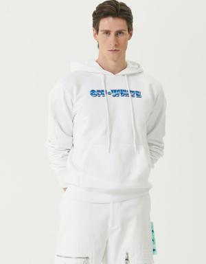 Beyaz Kapüşonlu Logo Baskılı Sweatshirt
