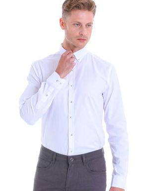 Beyaz Comfort Fit Uzun Kollu %100Pamuk Düz Casual Gömlek
