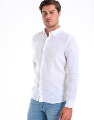 Beyaz Comfort Fit Uzun Kol %100Keten Düz Casual Gömlek
