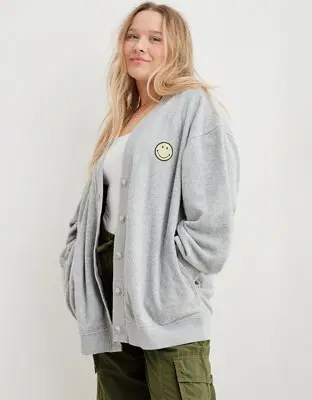 American Eagle Smiley® Cozy Fleece Cardigan. 1