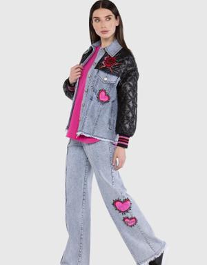 Quilted Top Embroidery Detailed Jean Blue Coat