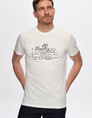 Damat Beyaz %100 Pamuk Kabartma Baskılı T-Shirt