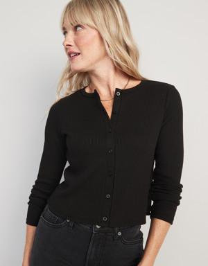 Cropped Rib-Knit Button-Down T-Shirt for Women black