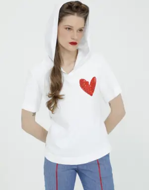 White T-Shirt With Stone Heart Print Detail Hooded