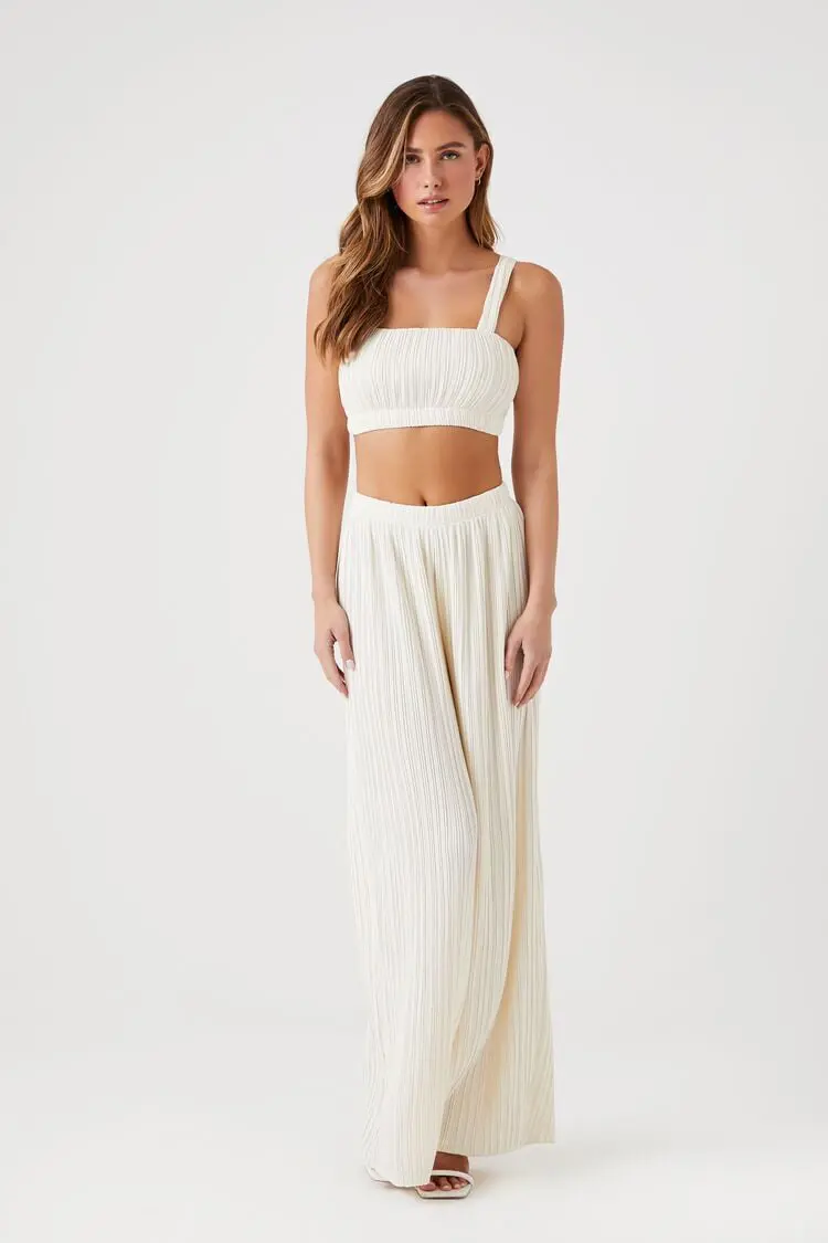 Forever 21 Forever 21 Chiffon Crop Top &amp; Pants Set Ivory. 1