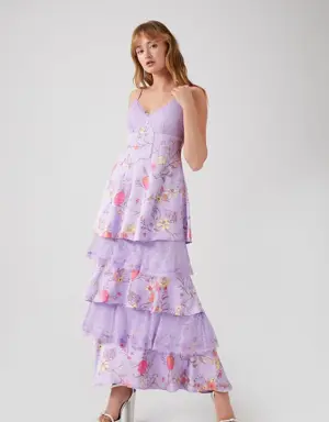 Forever 21 Floral Lace Tiered Maxi Dress Lavender/Multi